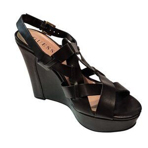 Guess Womens Black Faux Leather Strappy Wedge Heel Platform Sandals Size 7